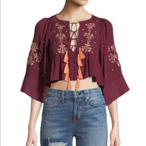 Haute Rogue Lace-Up Flutter-Hem Peasant Blouse S M